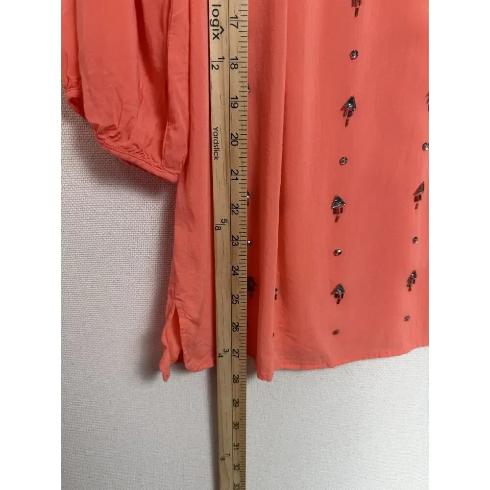 JCP Women’s Top Tunic L Coral Rhinestones 3/4 Sleeves Lightweight Flowy Beach - Picture 13 of 13